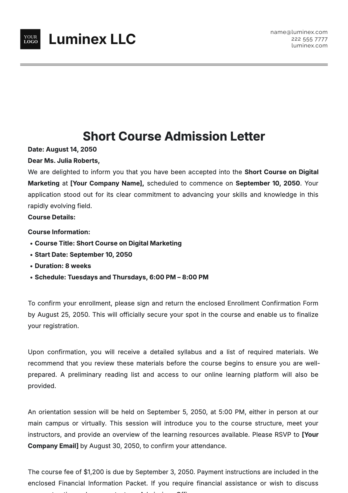 Short Course Admission Letter Template