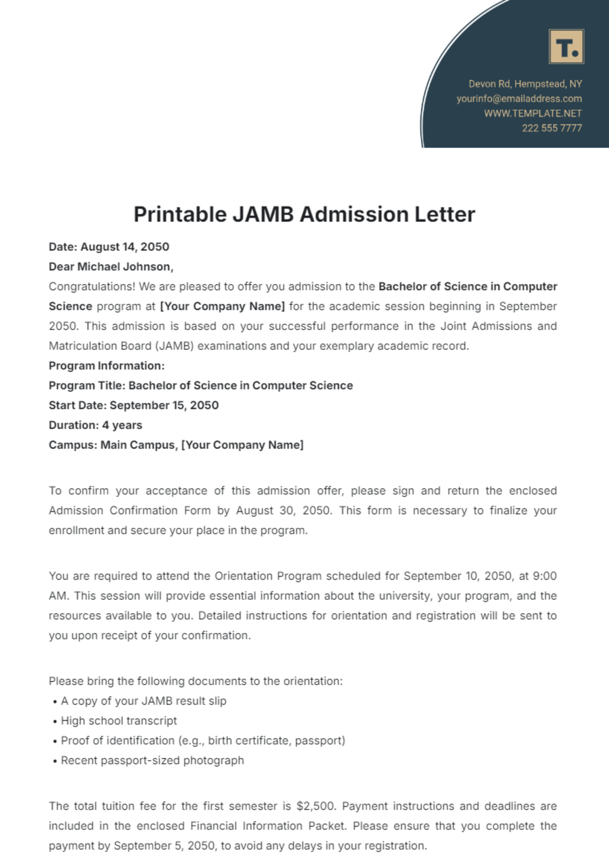 Printable JAMB Admission Letter Template - Edit Online & Download