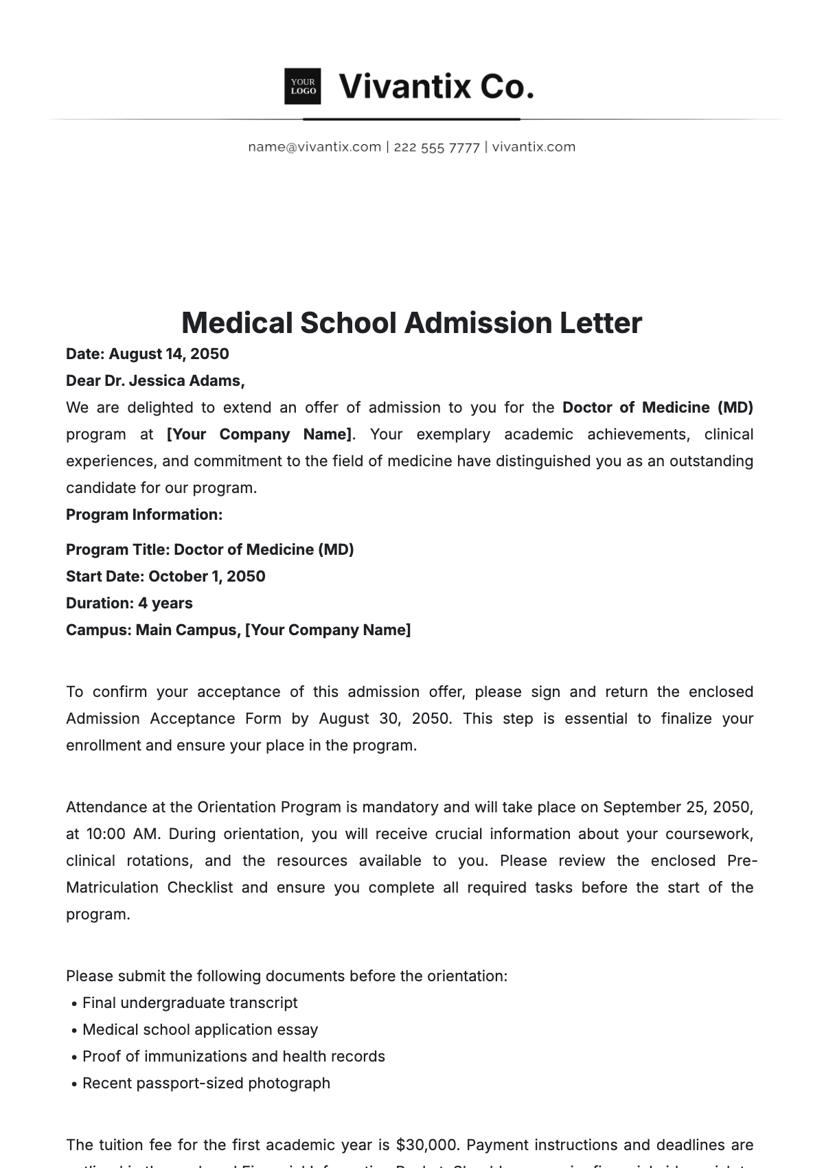 Medical School Admission Letter Template