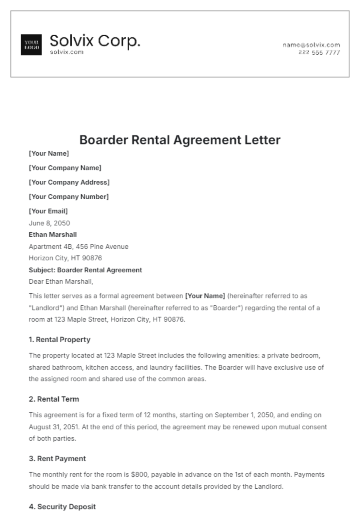 Boarder Rental Agreement Letter Template