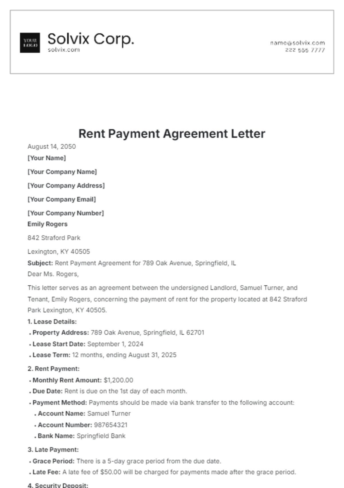 Rent Payment Agreement Letter Template