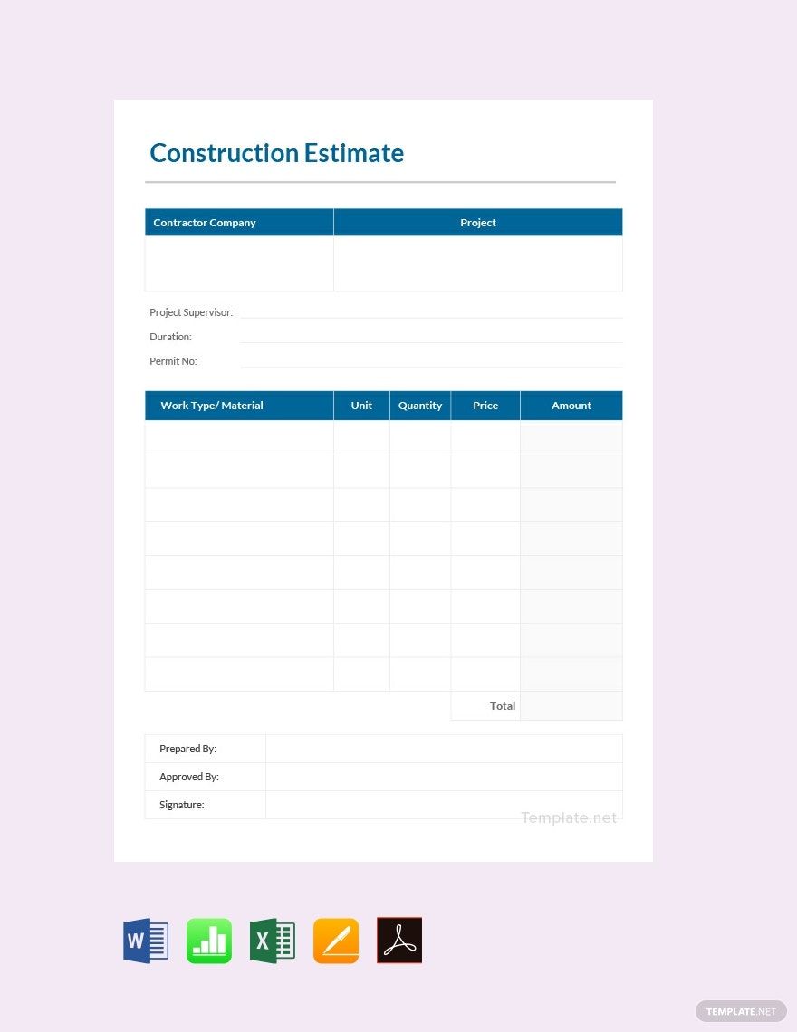 Printable Construction Estimate Template