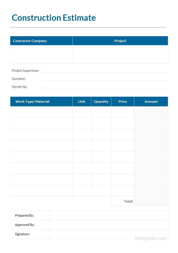Printable Construction Estimate Template In Microsoft Word Excel PDF 