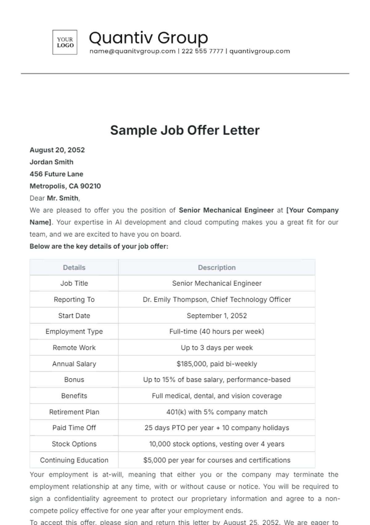 Sample Job Offer Letter Template - Edit Online & Download