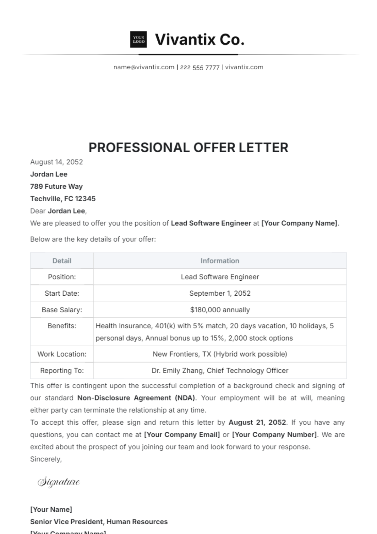 Professional Offer Letter Template - Edit Online & Download