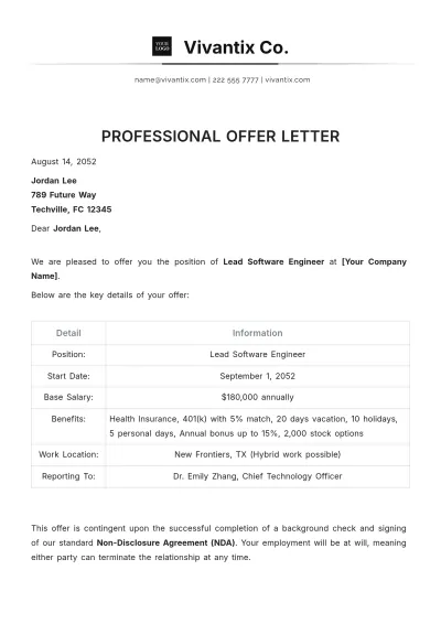 Free Professional Offer Letter Template to Edit Online