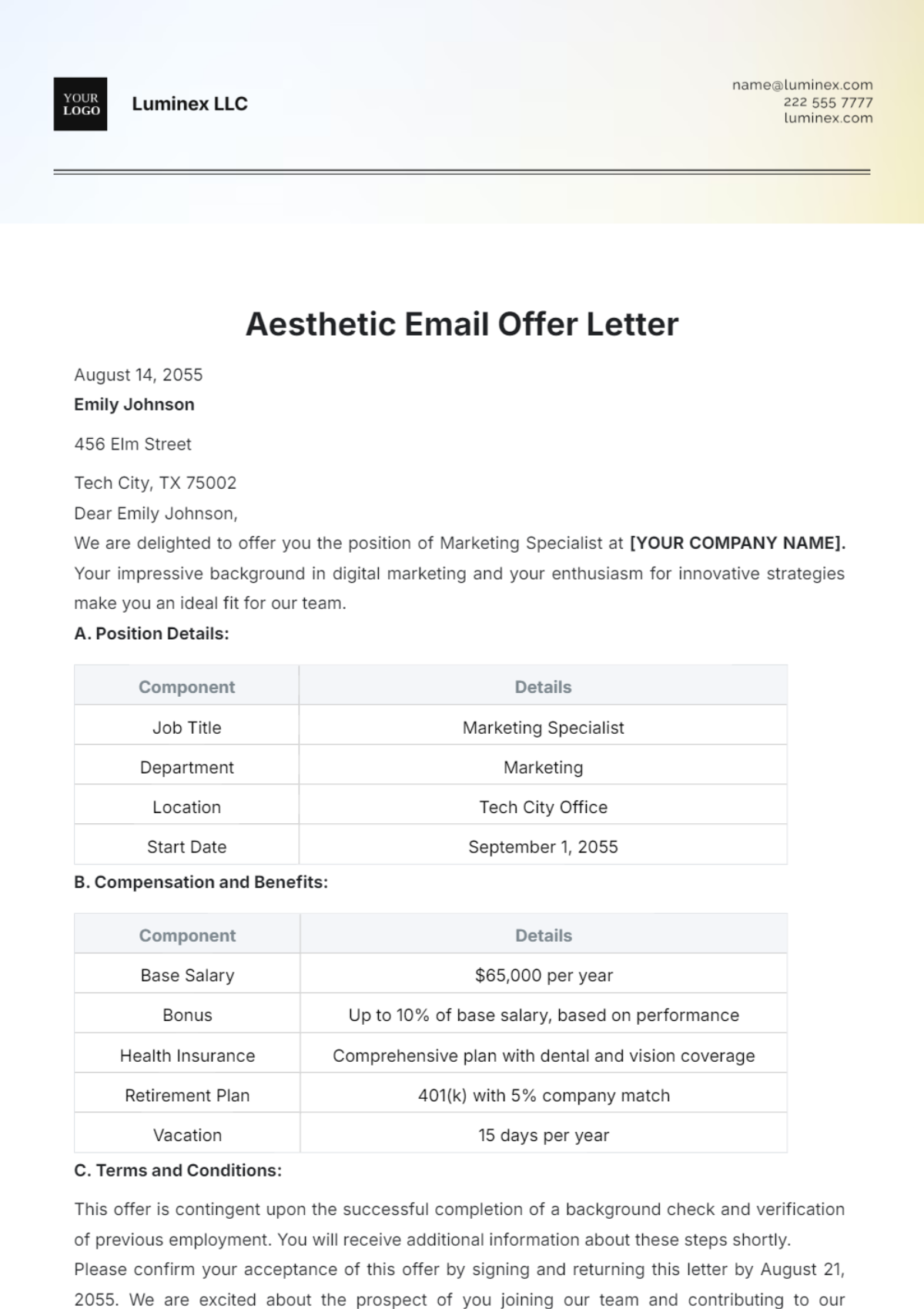 Aesthetic Email Offer Letter Template