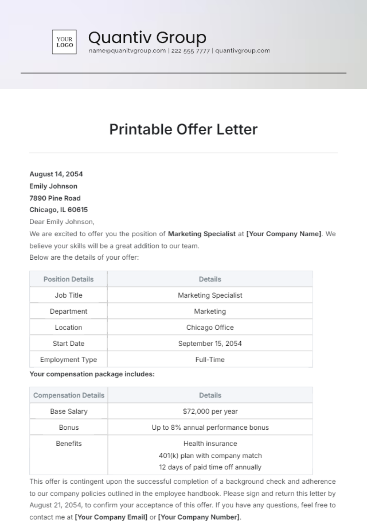 Printable Offer Letter Template - Edit Online & Download