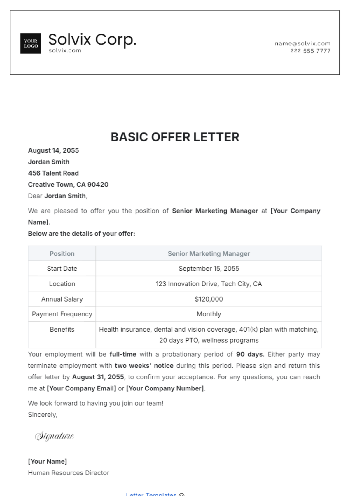 Basic Offer Letter Template - Edit Online & Download