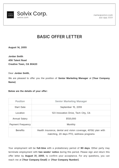 Free Basic Offer Letter Template to Edit Online