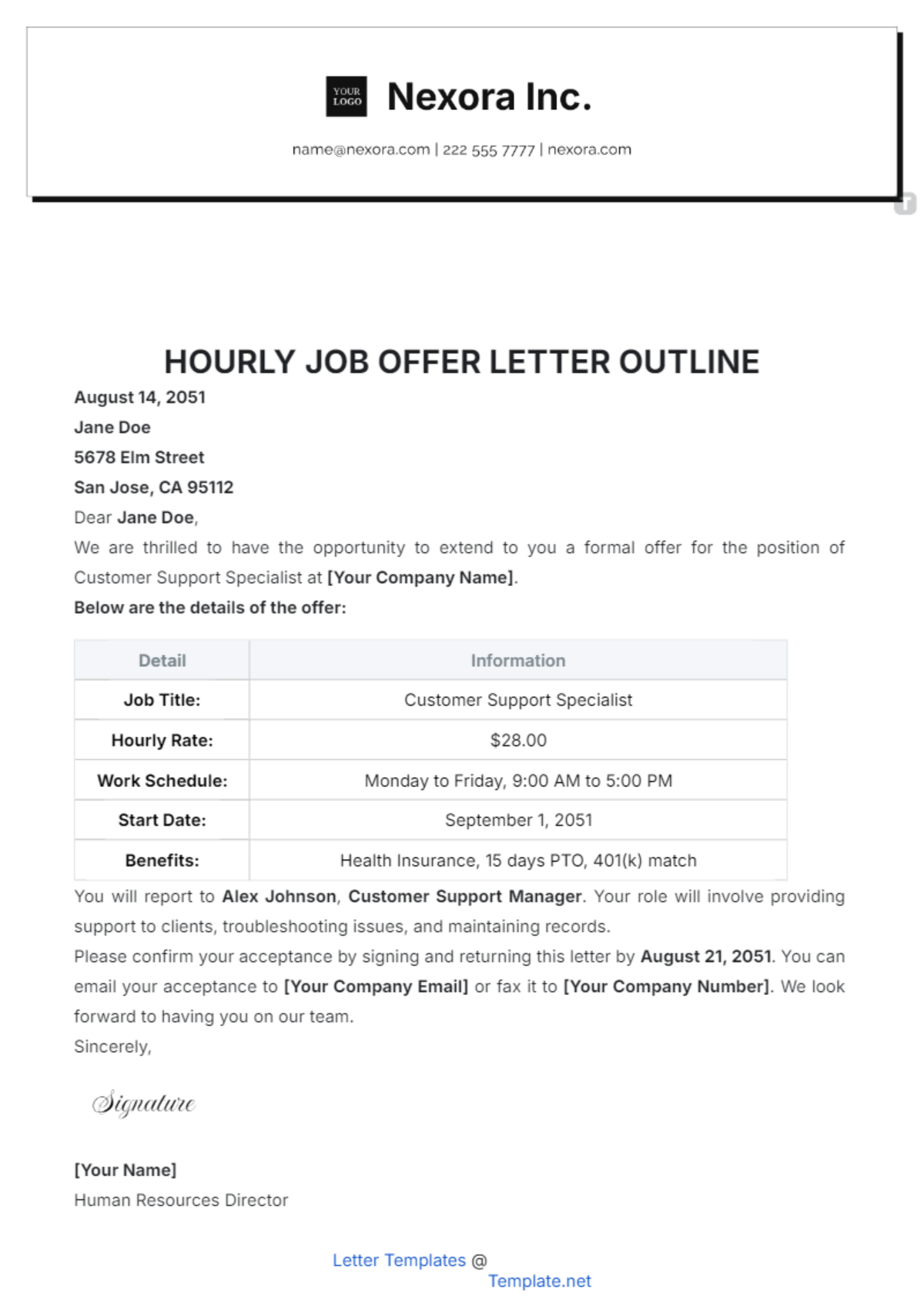 Hourly Job Offer Letter Outline Template - Edit Online & Download