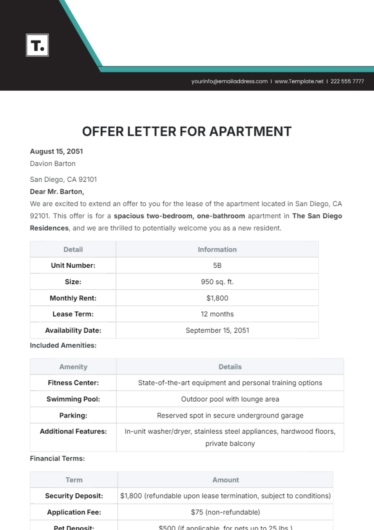 Offer Letter for Apartment Template - Edit Online & Download