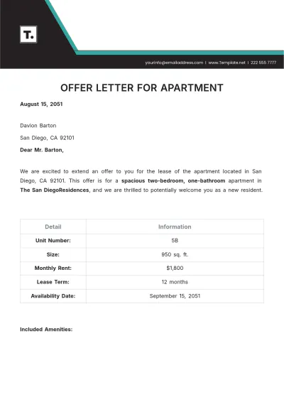 Free Offer Letter for Apartment Template to Edit Online