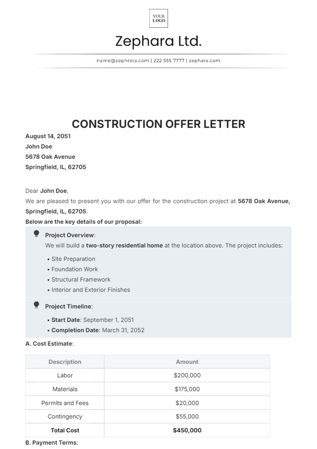 Construction Offer Letter Template - Edit Online & Download