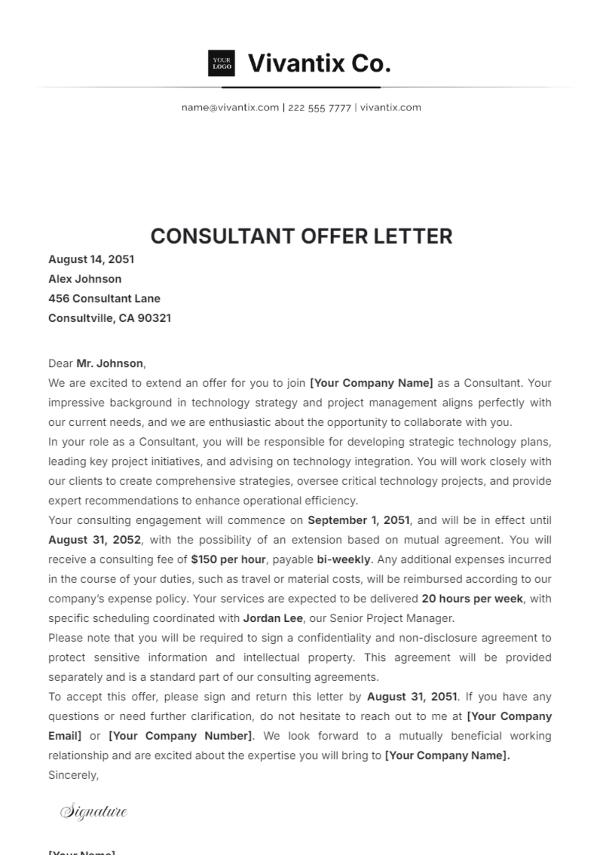 Offer Letter for Consultant Template - Edit Online & Download