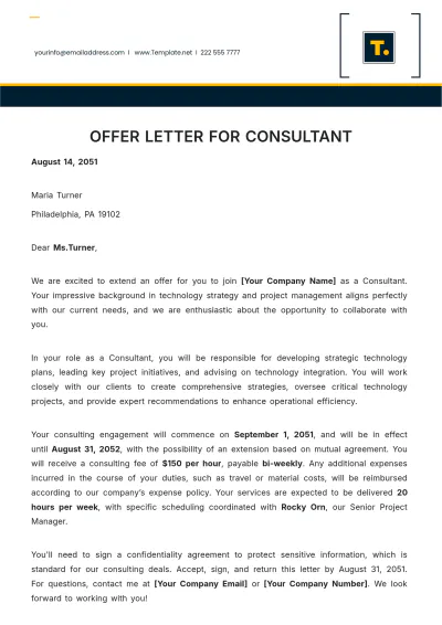 Free Offer Letter for Consultant Template to Edit Online