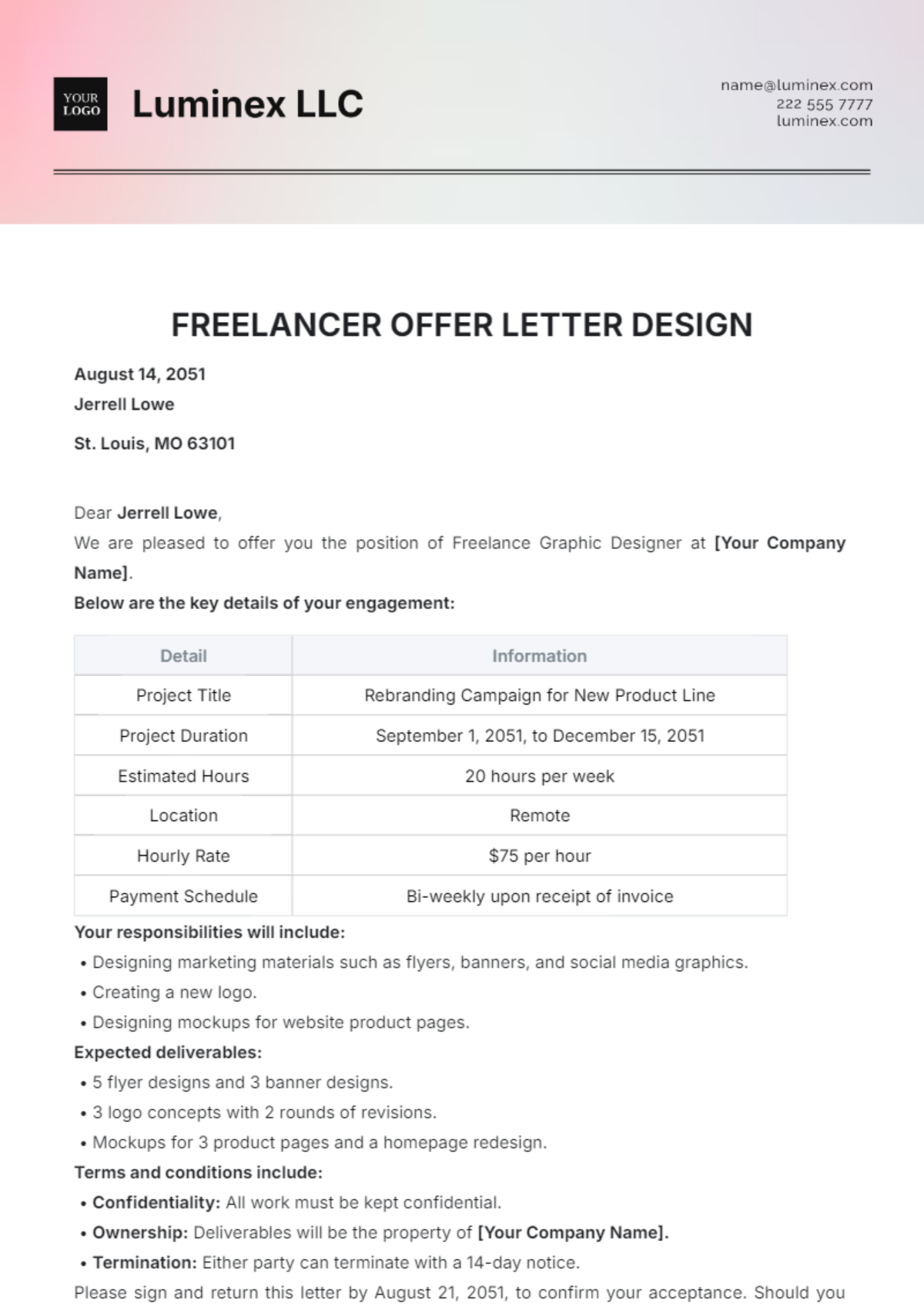 Freelance Offer Letter Design Template - Edit Online & Download