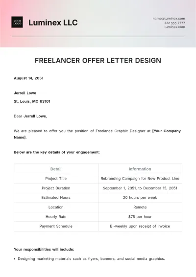 Free Freelance Offer Letter Design Template to Edit Online