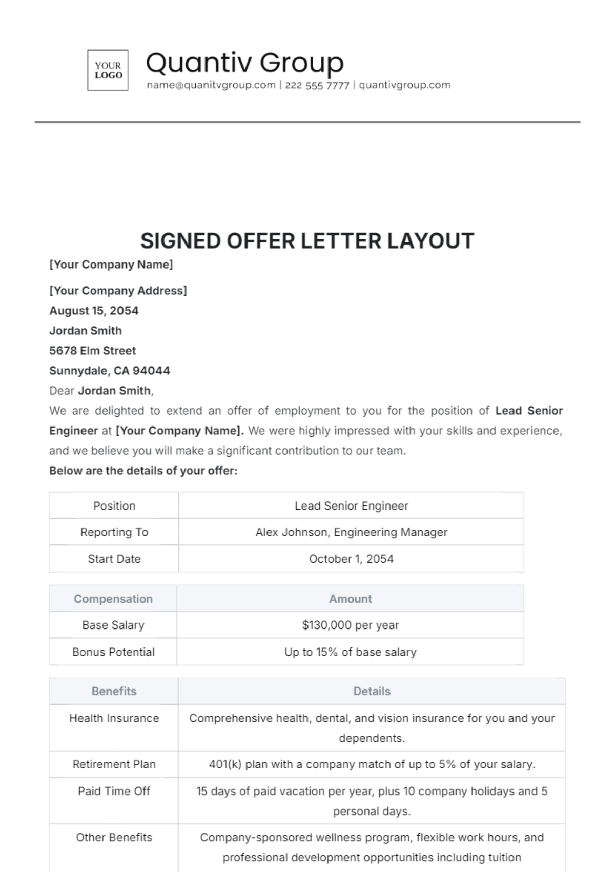 Signed Offer Letter Layout Template - Edit Online & Download