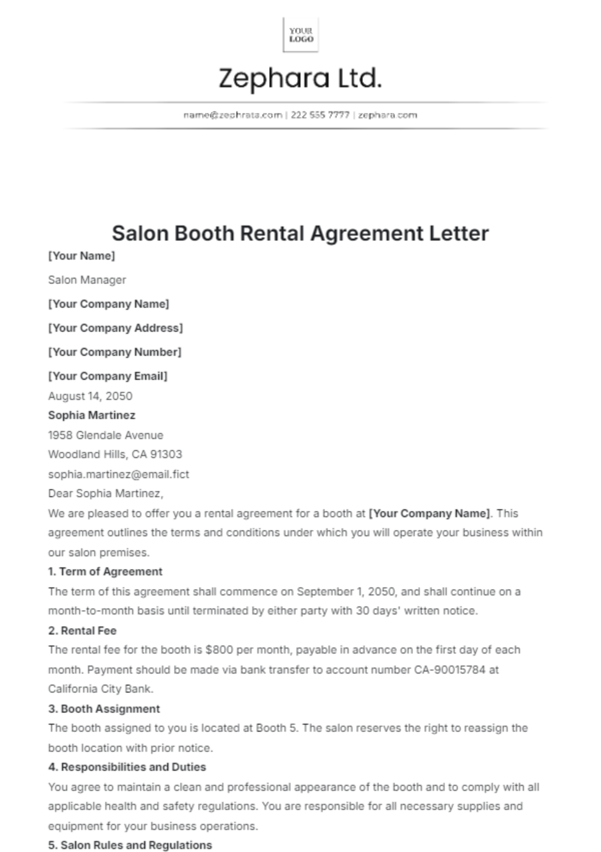 Salon Booth Rental Agreement Letter Template