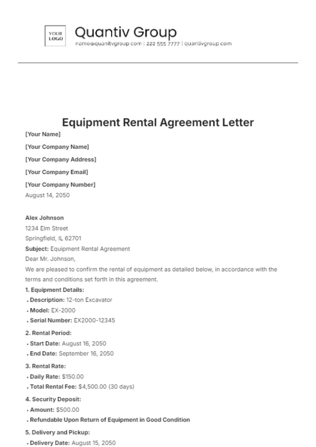 Equipment Rental Agreement Letter Template