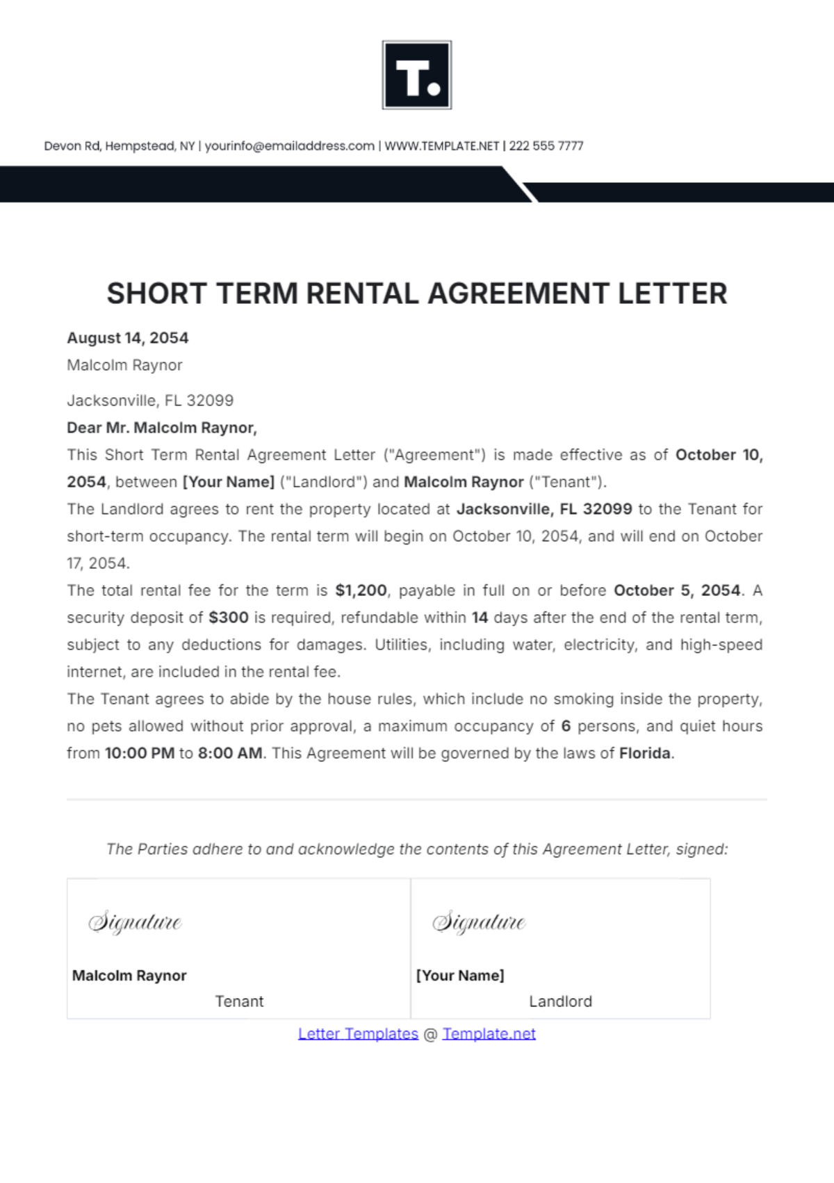 Short-Term Rental Agreement Letter Template