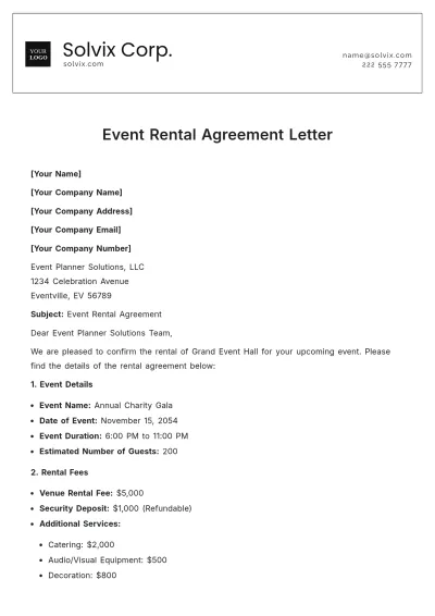 Free Event Rental Agreement Letter Template to Edit Online