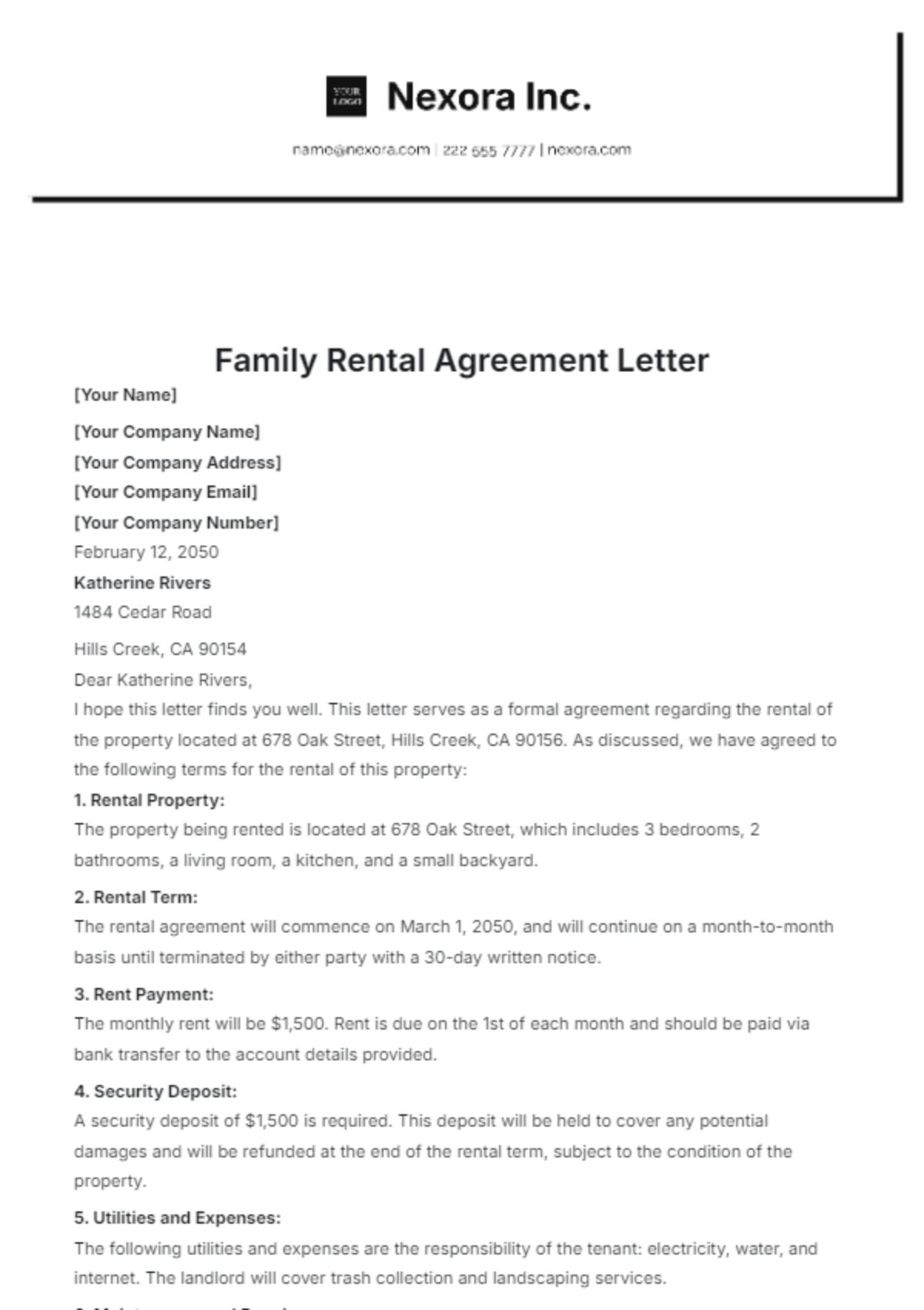 Family Member Rental Agreement Letter Template