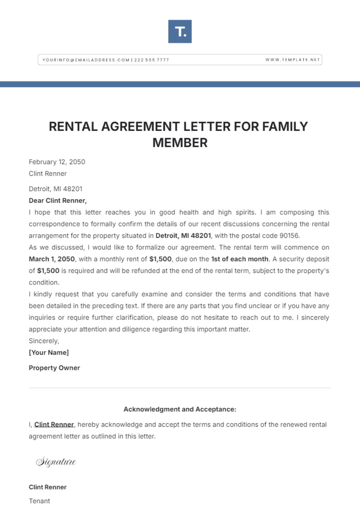 Rental Agreement Letter for Family Member Template - Edit Online & Download