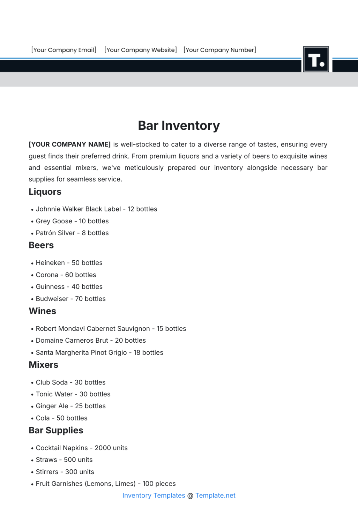 Bar Inventory Template