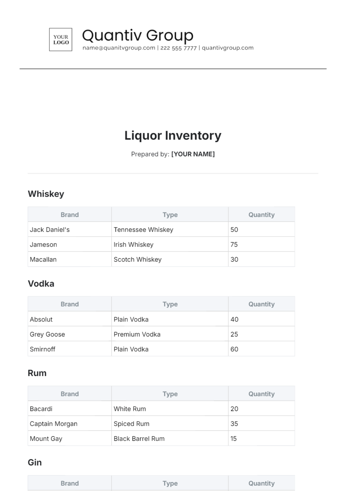 Liquor Inventory Template