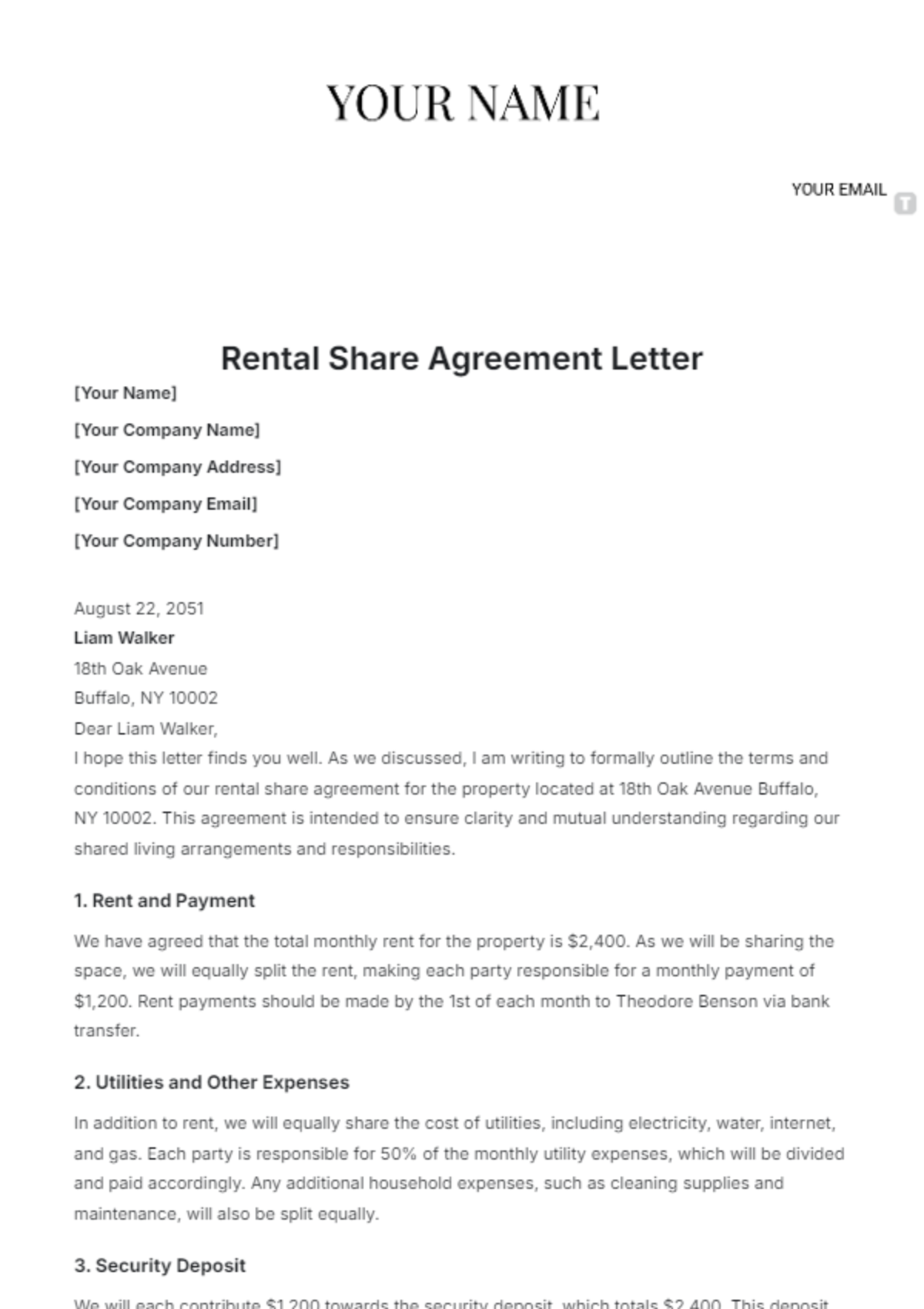 Rental Share Agreement Letter Template