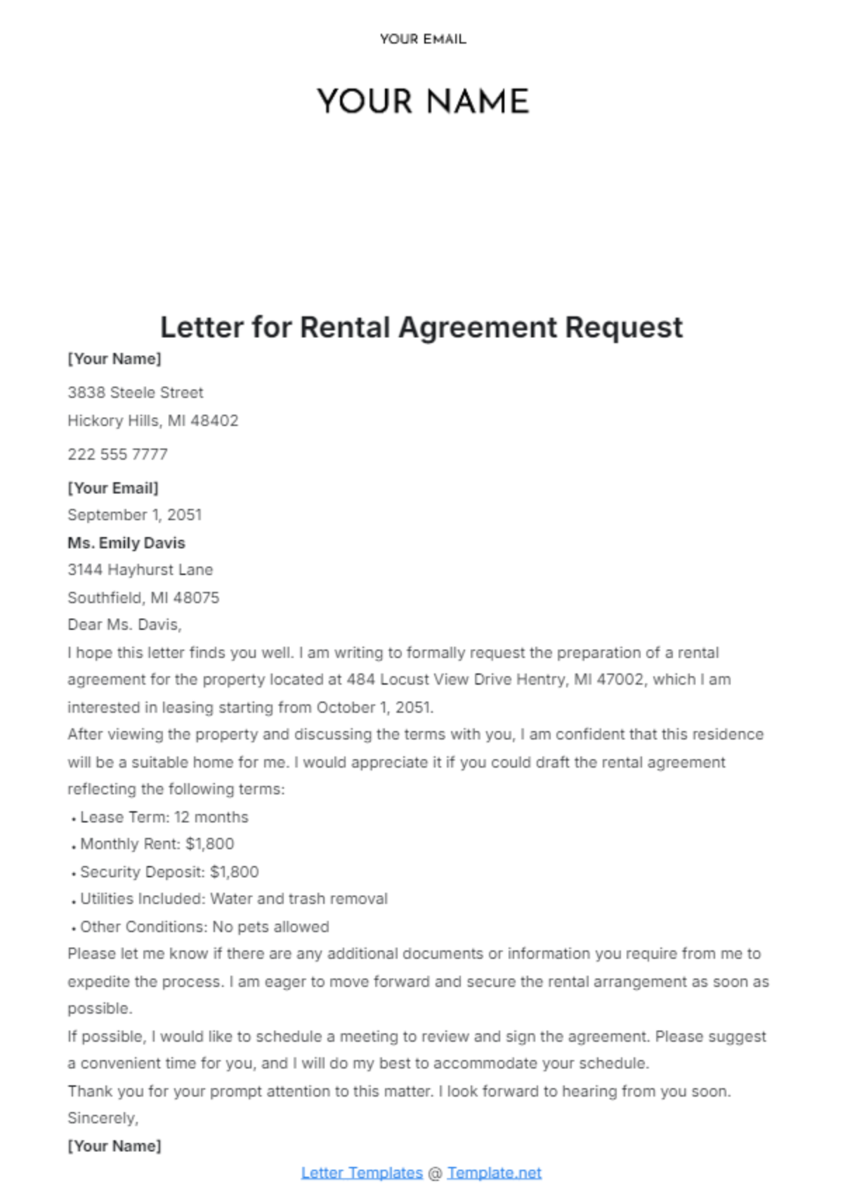 Letter for Rental Agreement Request Template