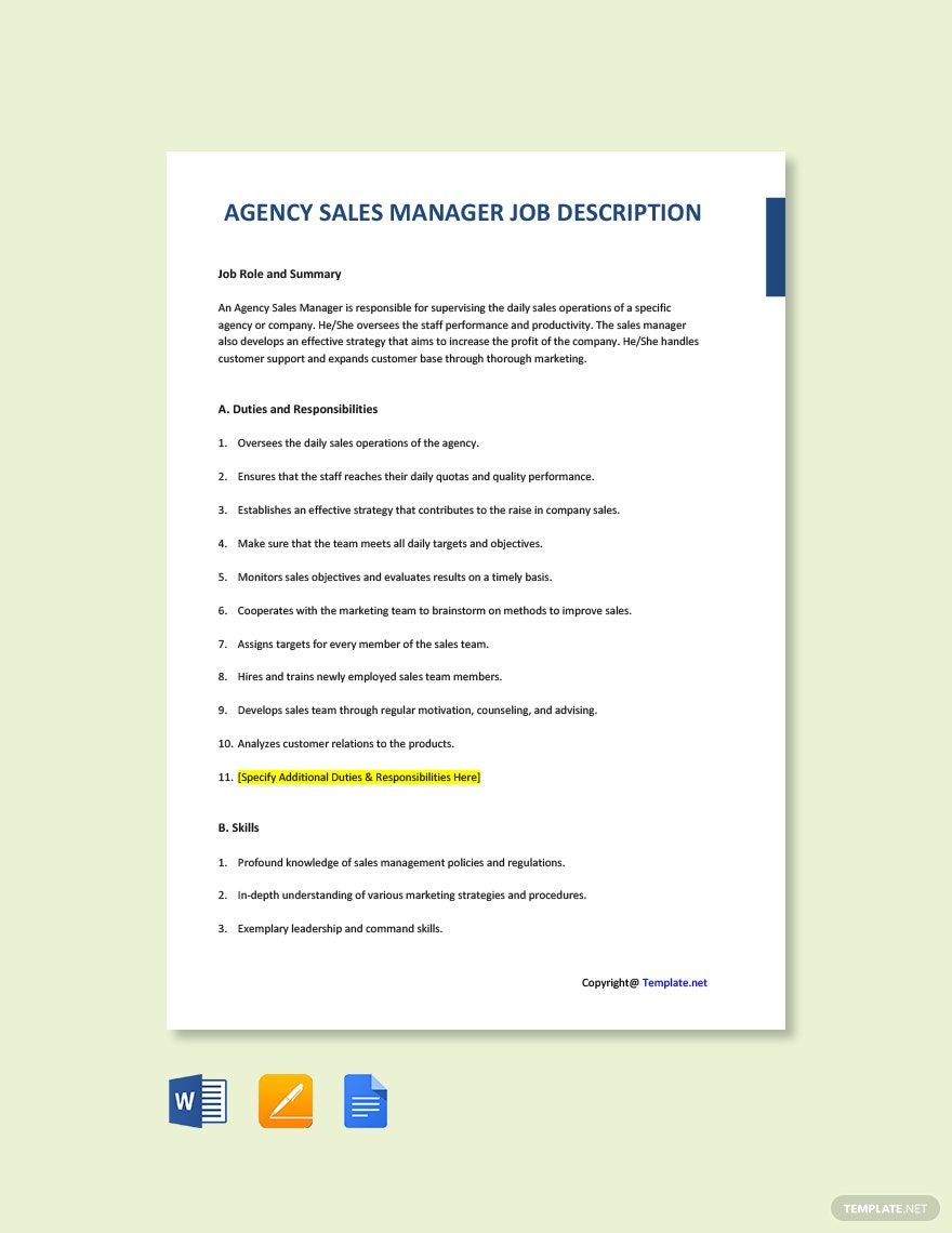 Agency Sales Manager Job Description Template