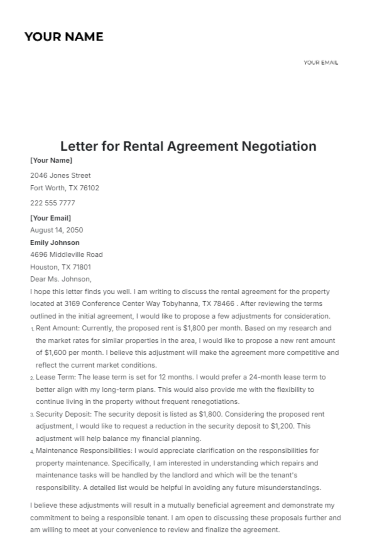 Letter for Rental Agreement Negotiation Template