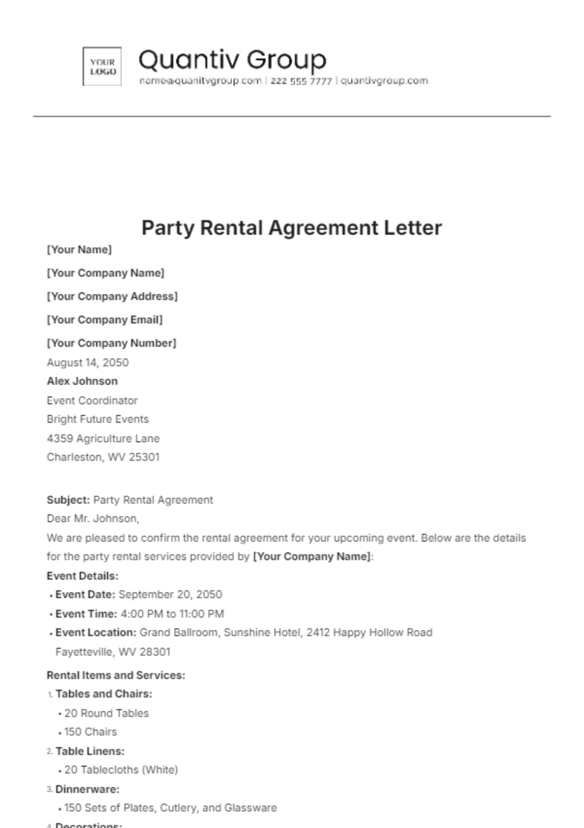 Party Rental Agreement Letter Template