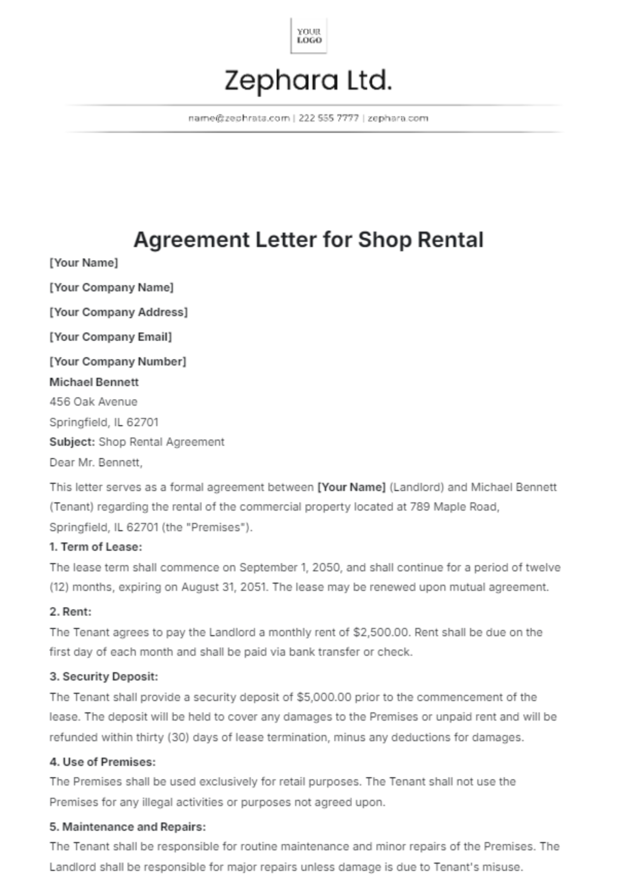 Agreement Letter for Shop Rental Template