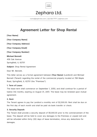 Free Agreement Letter for Shop Rental Template to Edit Online