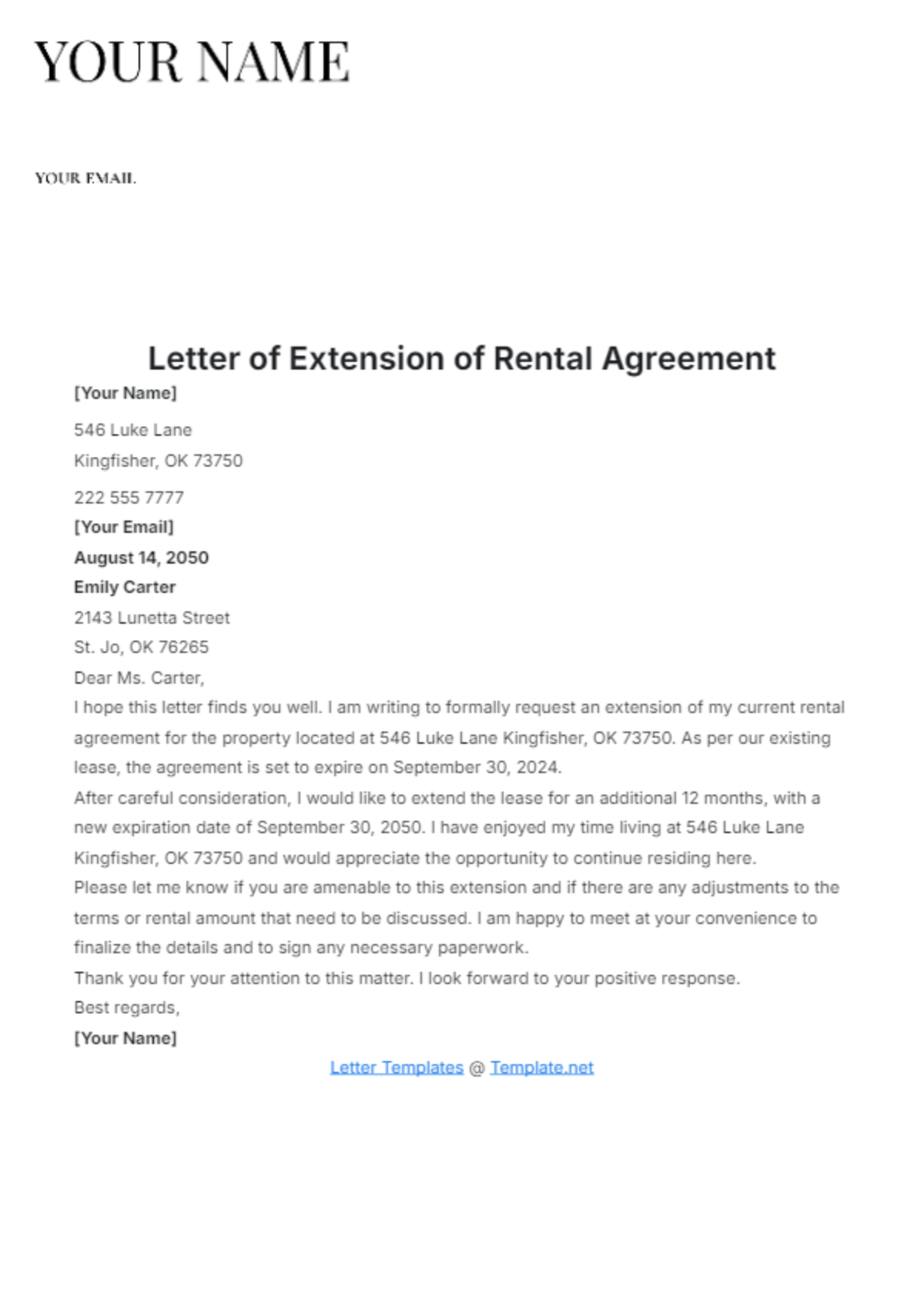 Letter of Extension of Rental Agreement Template