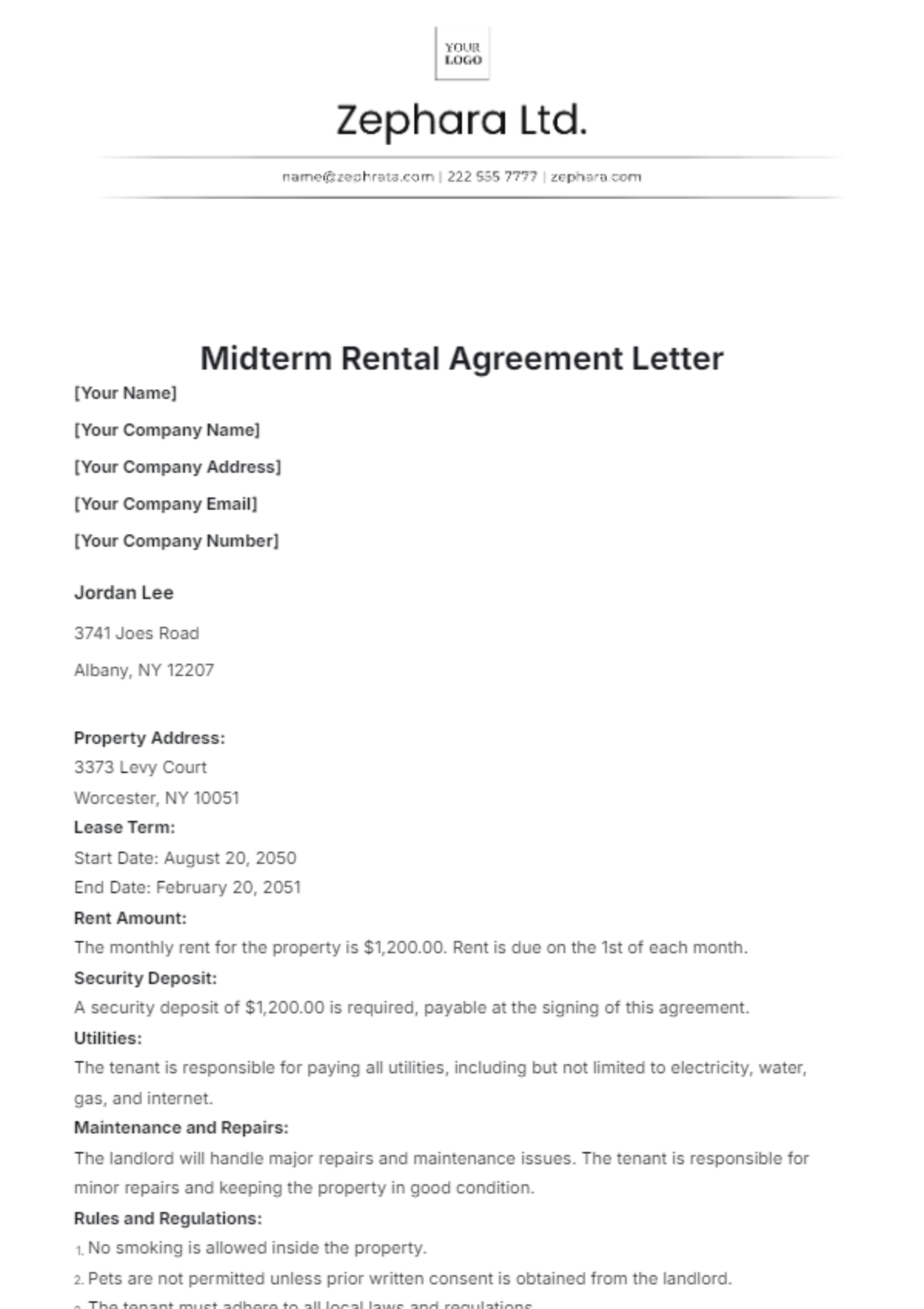 Midterm Rental Agreement Letter Template