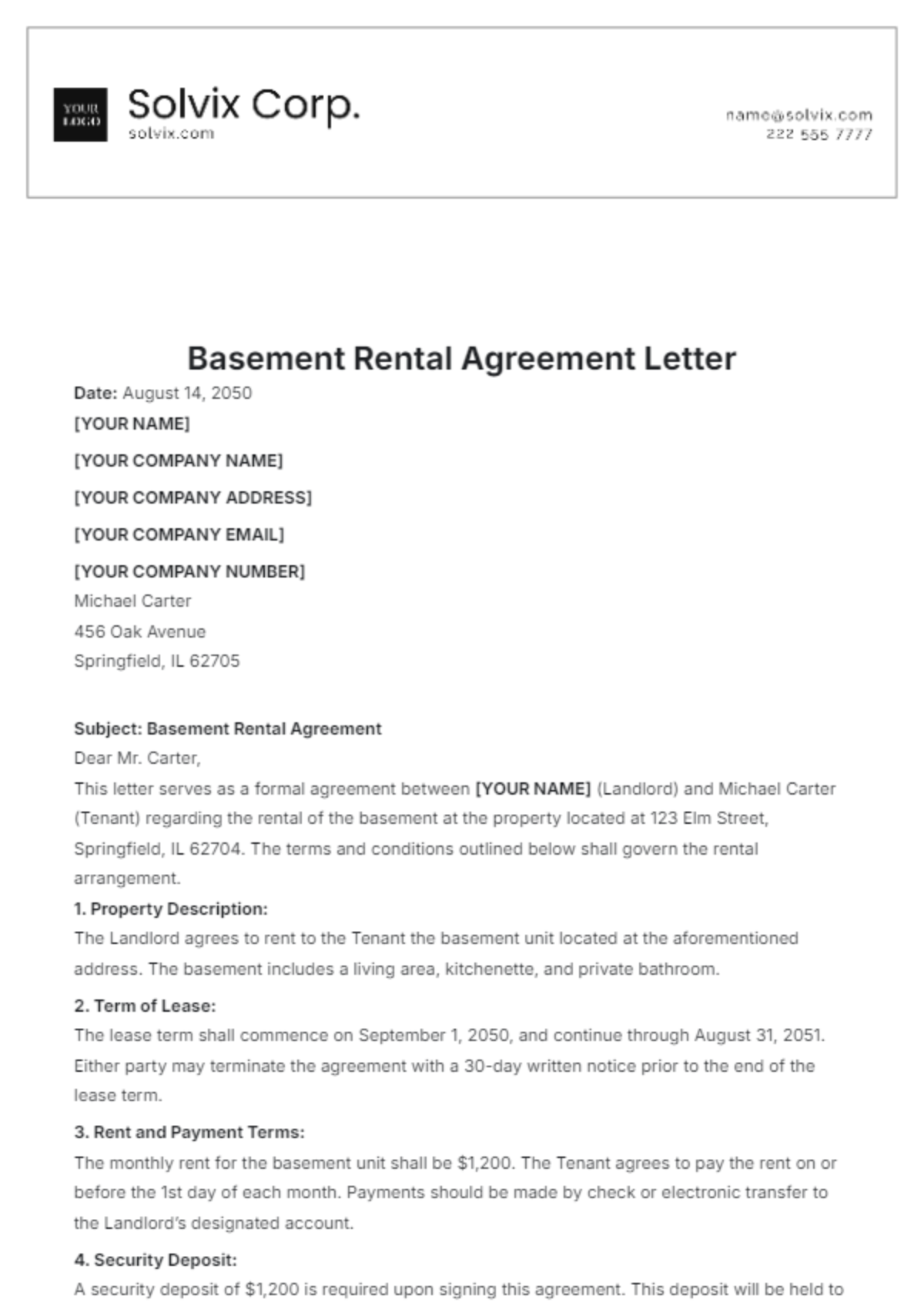 Basement Rental Agreement Letter Template