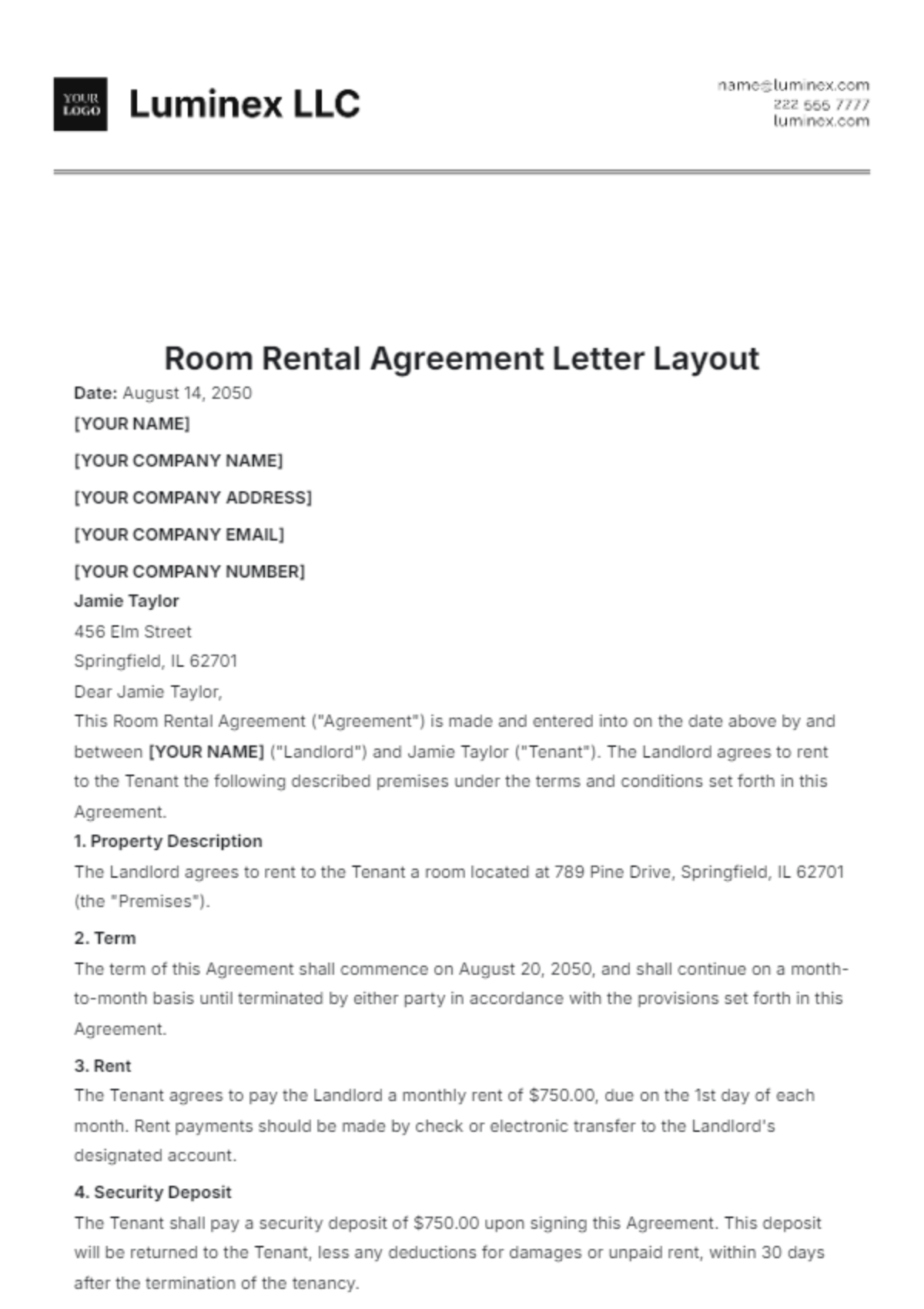 Room Rental Agreement Letter Layout Template