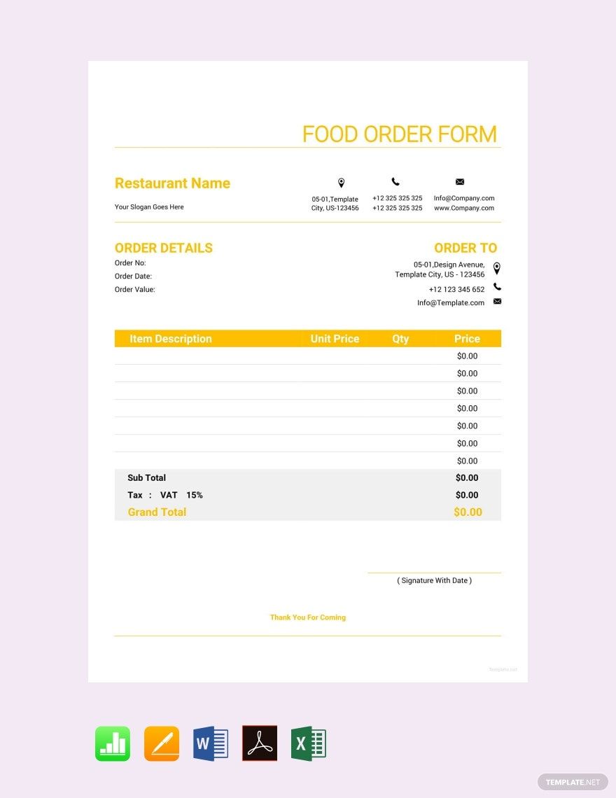 Food Order Form Template Google Docs Google Sheets Excel Word