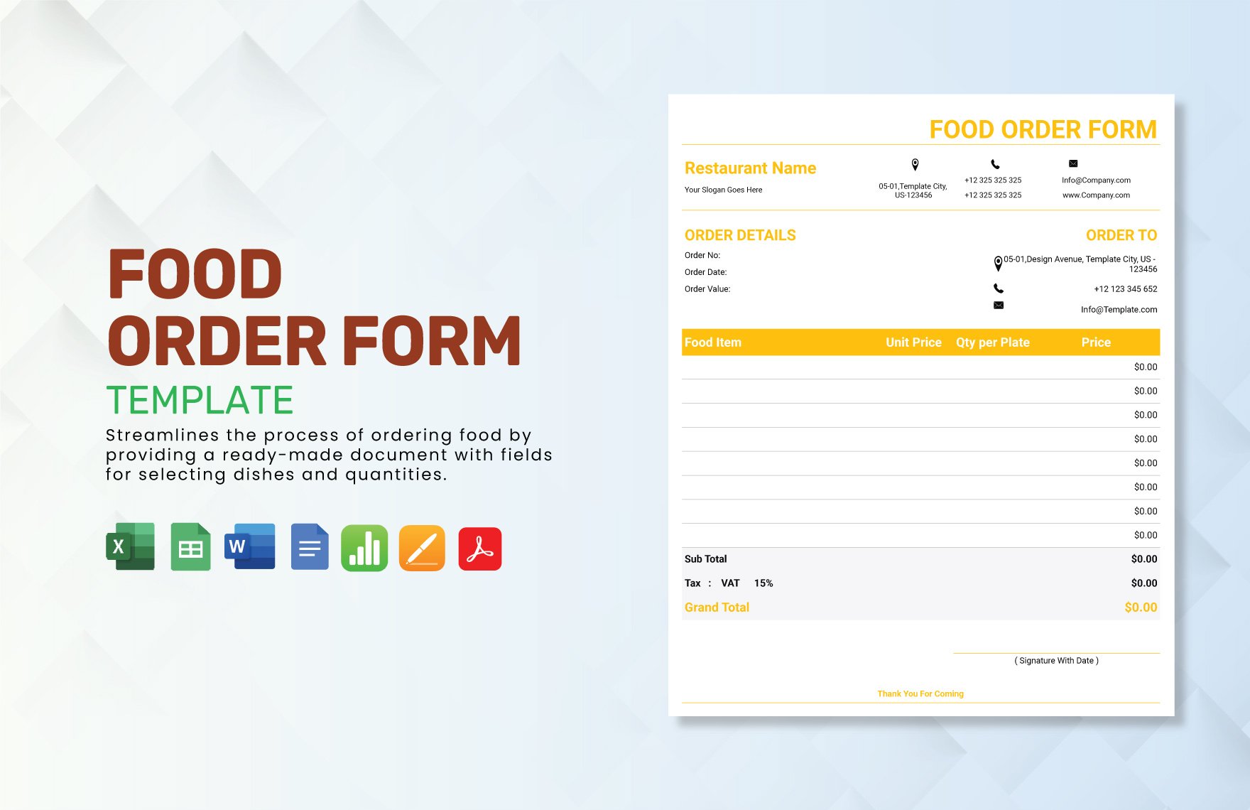 Food Order Form Template in Word, Google Docs, Excel, PDF, Google Sheets, Apple Pages, Apple Numbers