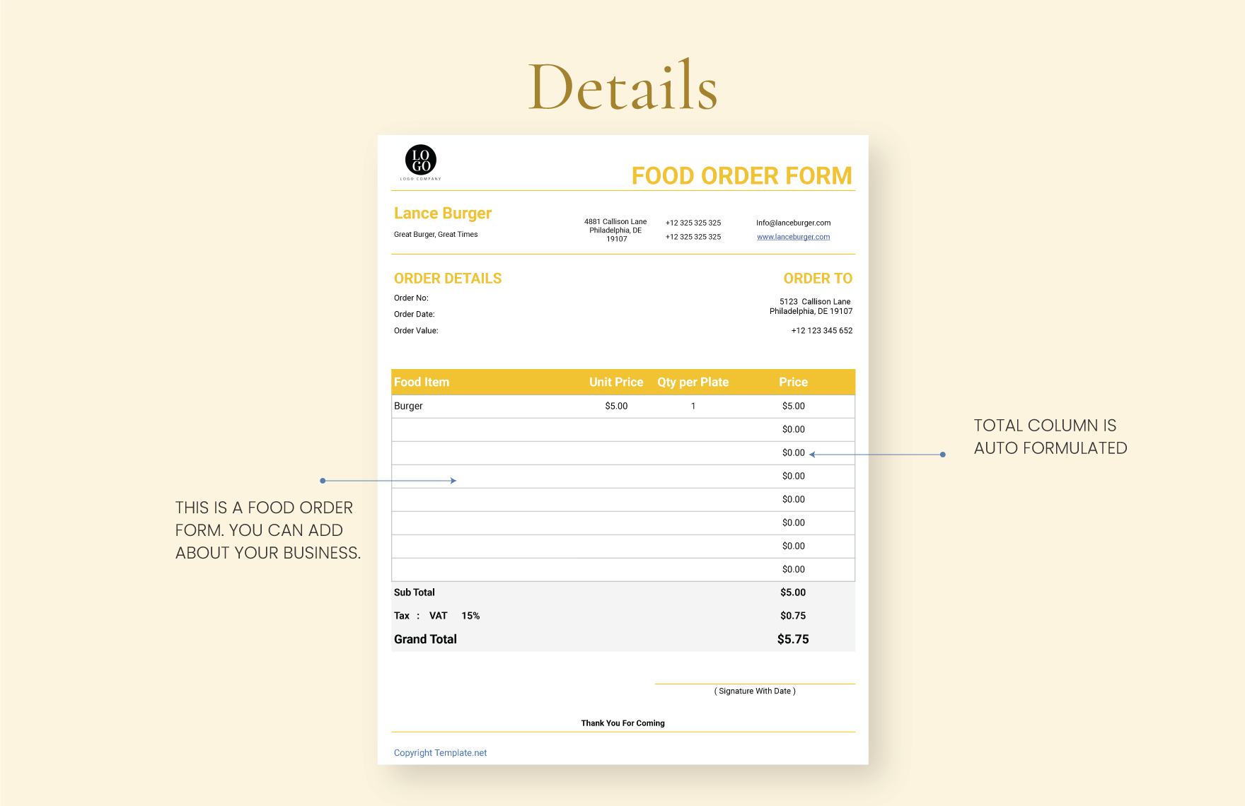 Food Order Form Template
