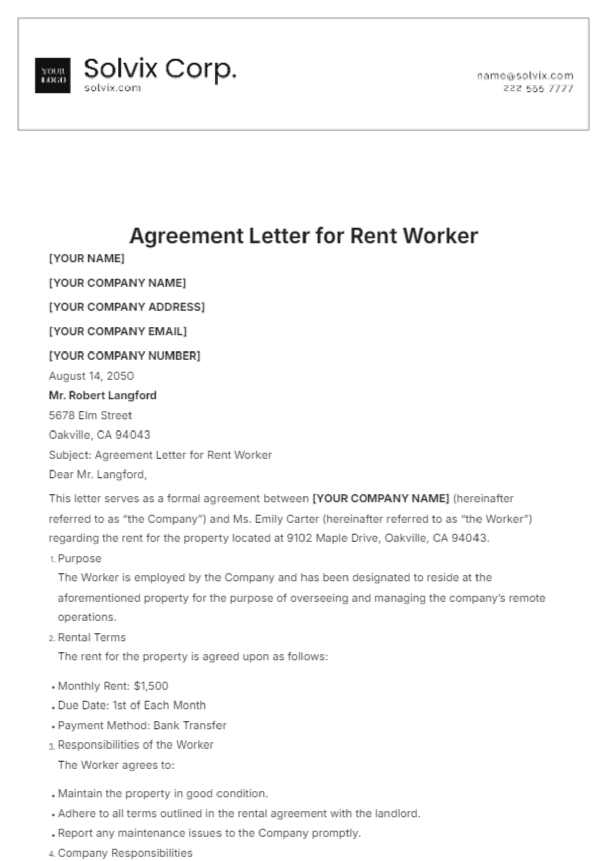 Agreement Letter for Rent Worker Template