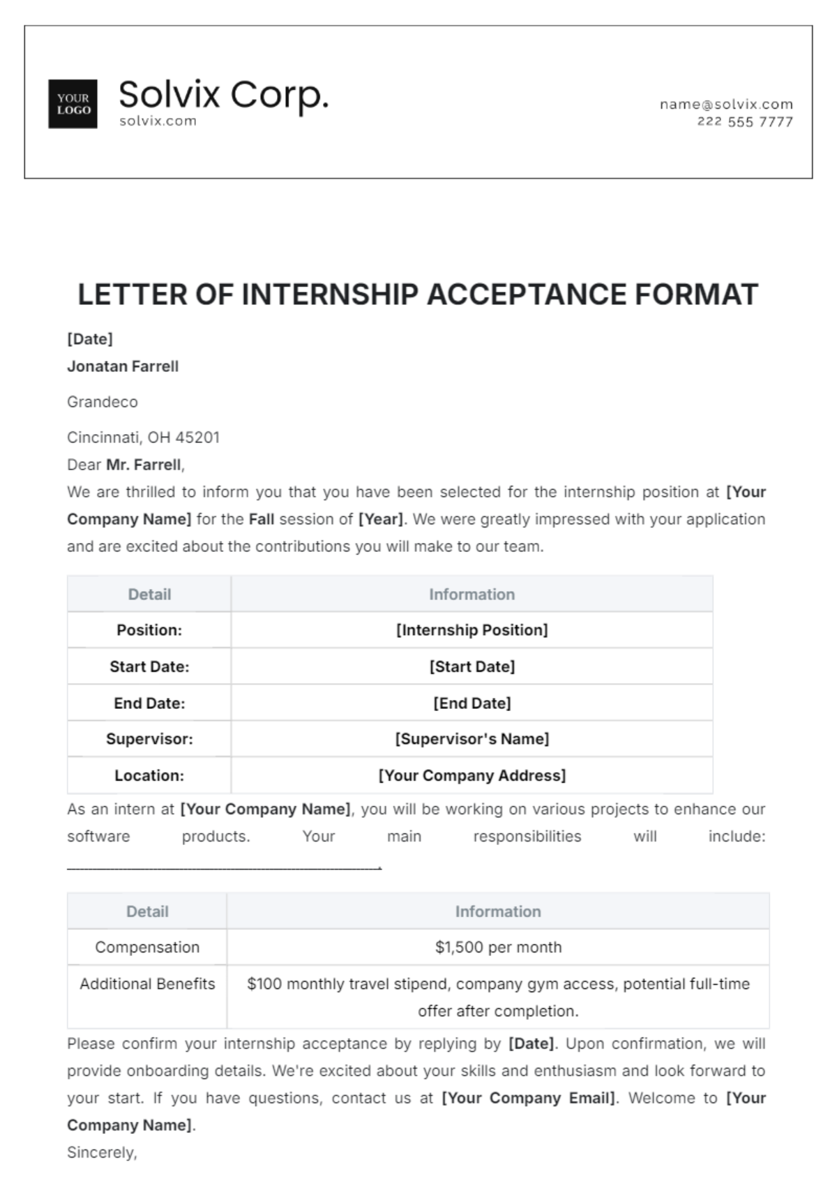 Letter of Internship Acceptance Format Template