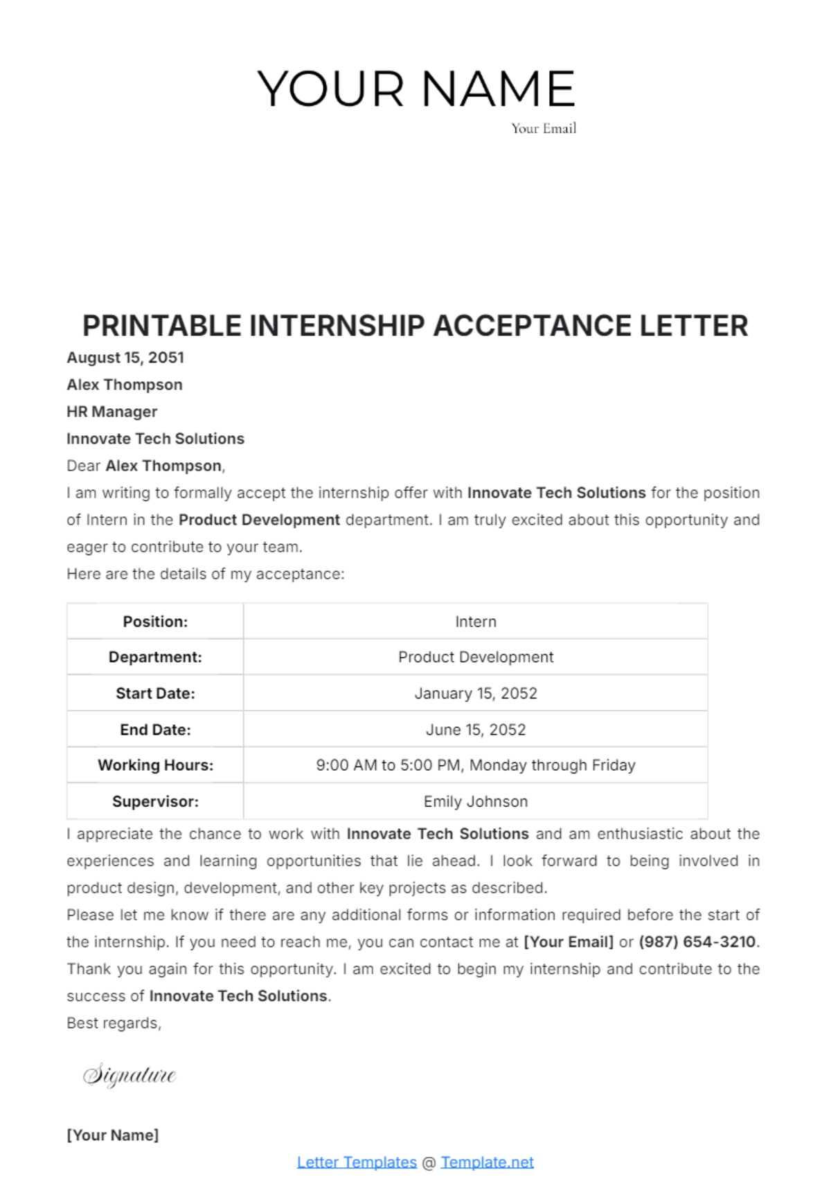 Printable Internship Acceptance Letter Template