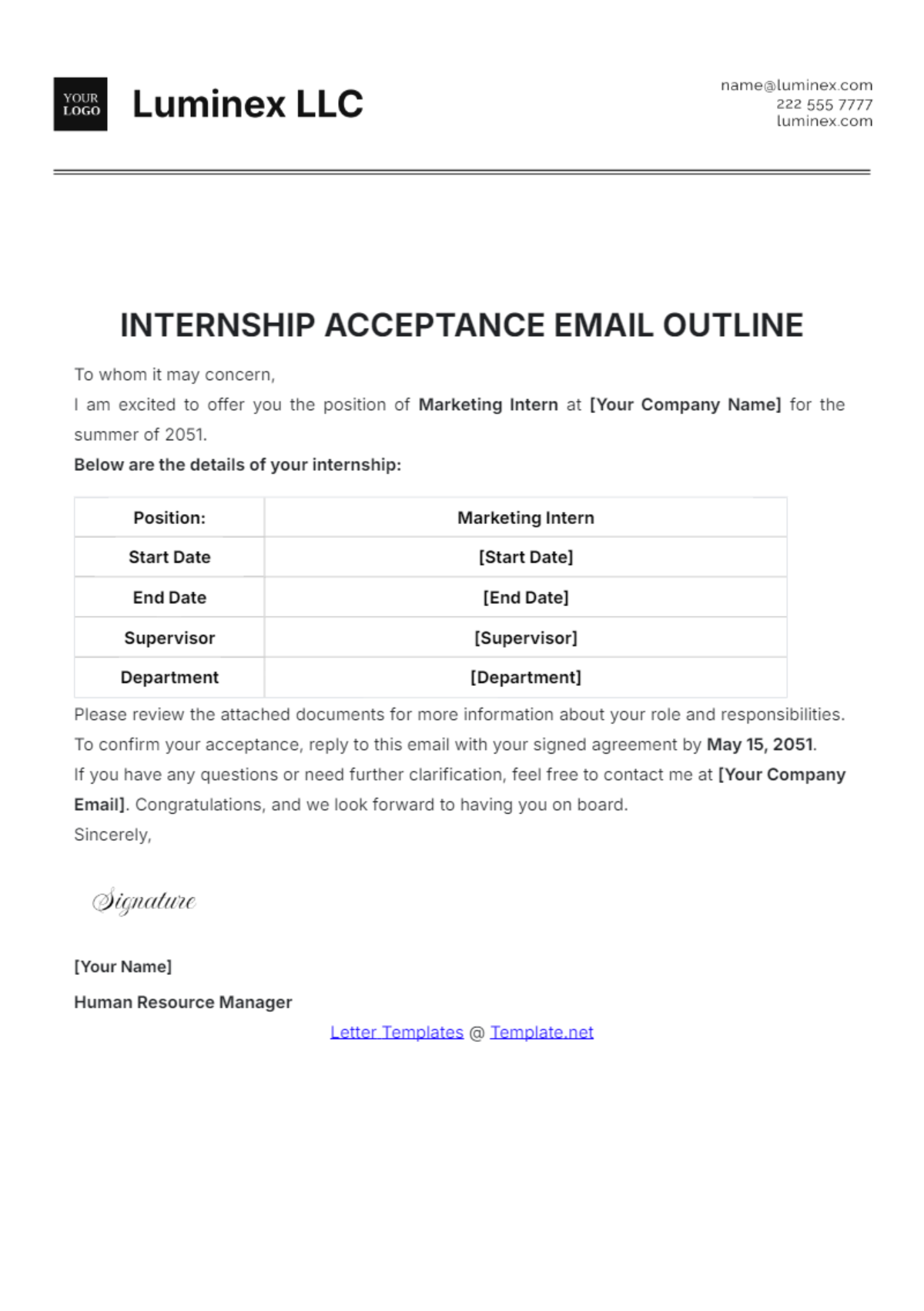 Internship Acceptance Email Outline Template - Edit Online & Download