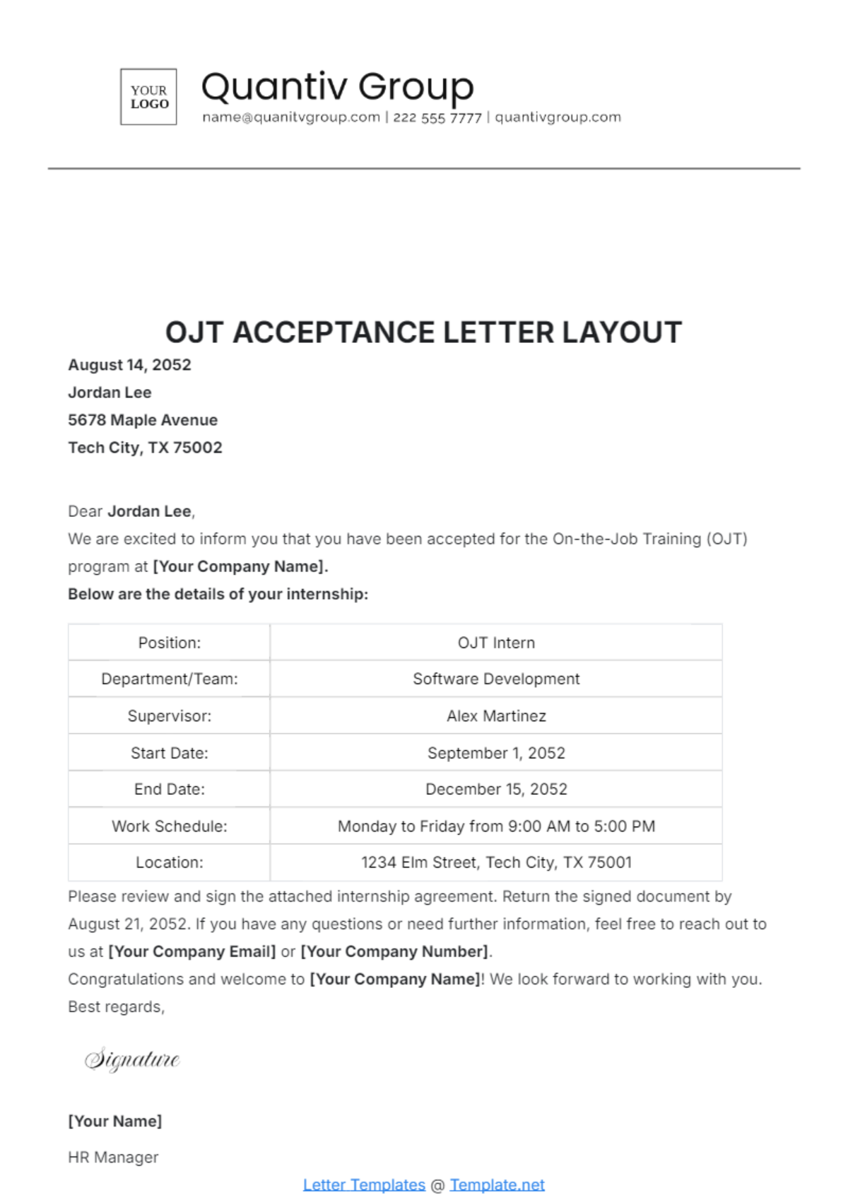 OJT Acceptance Letter Layout Template